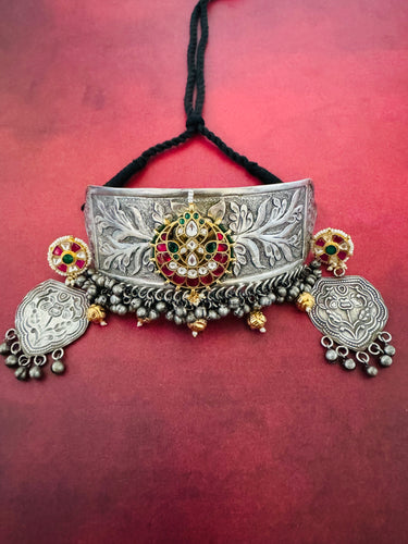 German Silver Ahmedabadi Kundan Choker Set | Semi-Precious Stones | Contains Nickel | Gold Plated | Free Shipping | Ships from California